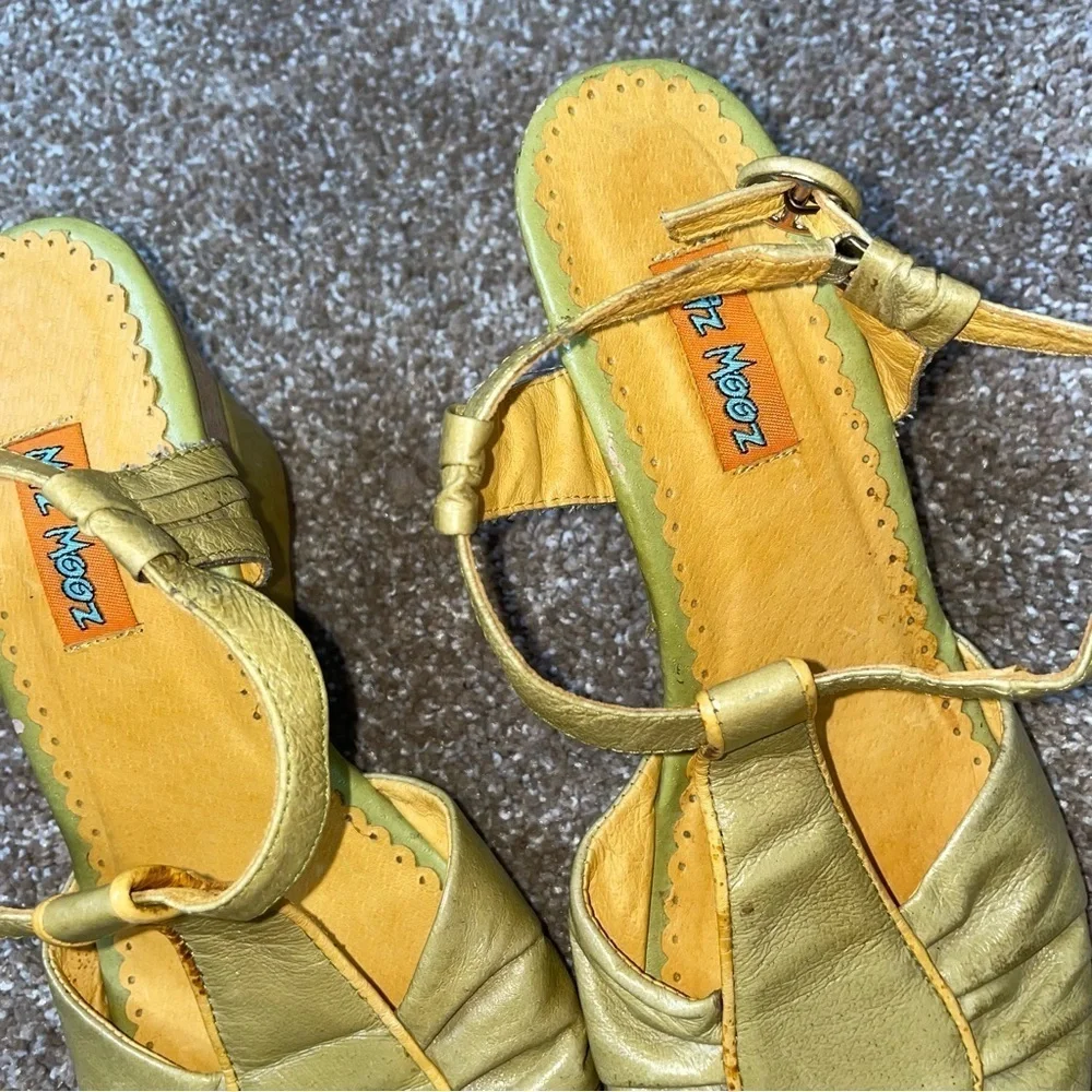 Mizz Mooz wedge sandals green & yellow ankle strap open toe SZ 39 US 8 70's